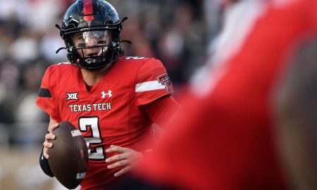 Texas Tech's quarterback Behren Morton (2) prepares to throw the ball against UCF in a Big 12 football game, Saturday, Nov. 18, 2023, at Jones AT&T Stadium.