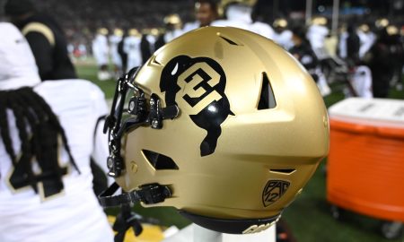 Nov 17, 2023; Pullman, Washington, USA; Colorado Buffaloes helmet sits during a game against the Washington State Cougars in the second half at Gesa Field at Martin Stadium. Mandatory Credit: James Snook-USA TODAY Sports