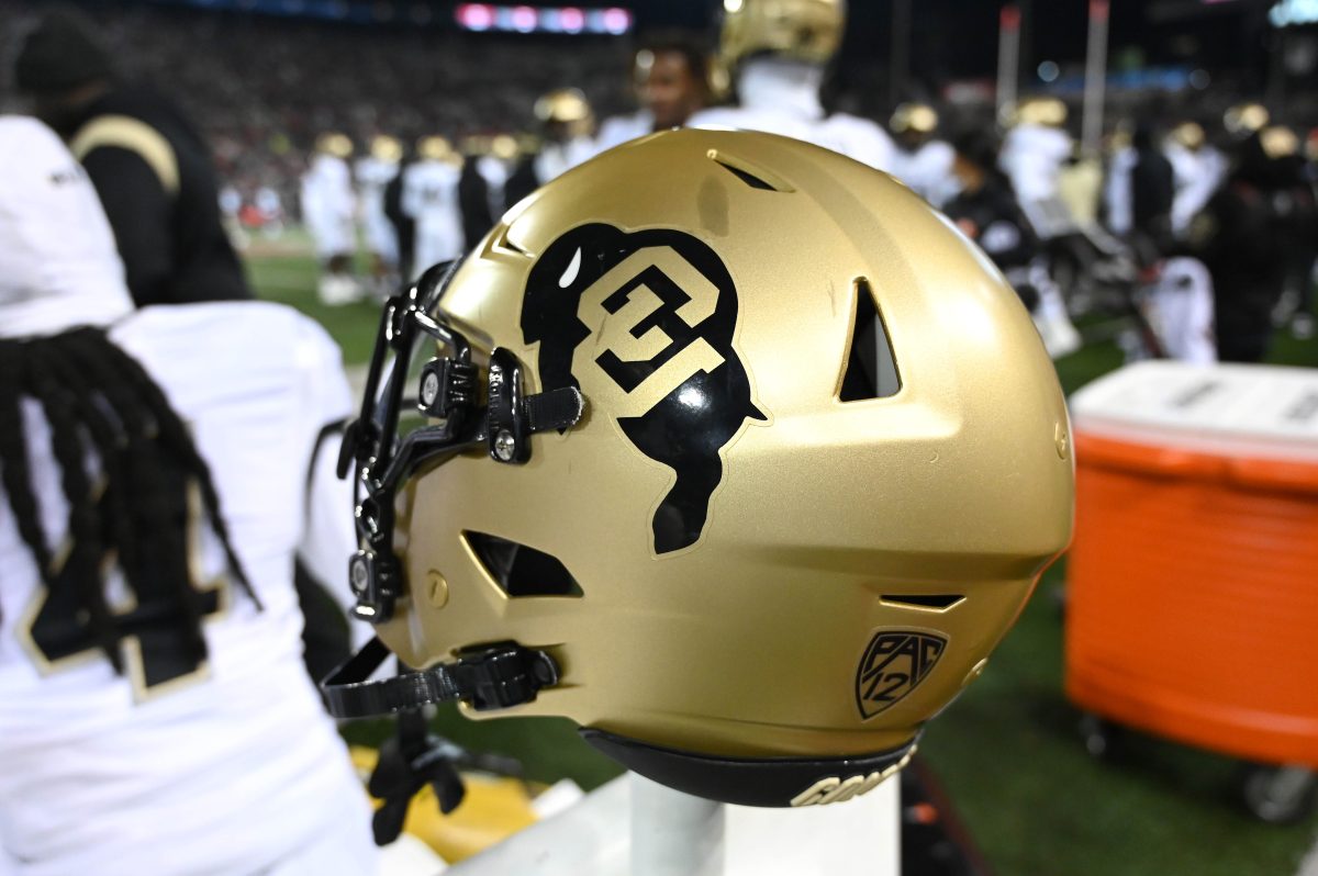 Nov 17, 2023; Pullman, Washington, USA; Colorado Buffaloes helmet sits during a game against the Washington State Cougars in the second half at Gesa Field at Martin Stadium. Mandatory Credit: James Snook-USA TODAY Sports