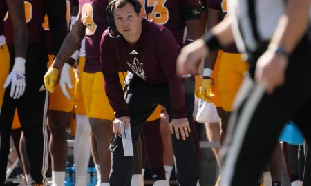 Arizona State head coach Kenny Dillingham watches his team play against Arizona during the first quarter at Mountain America Stadium in Tempe on Nov. 25, 2023.