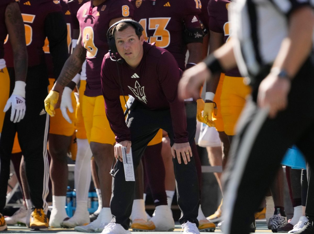 Arizona State head coach Kenny Dillingham watches his team play against Arizona during the first quarter at Mountain America Stadium in Tempe on Nov. 25, 2023.