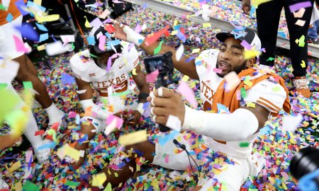 Texas Jaylan Ford (41) celebrates following the Big 12 Football Championship game between the Oklahoma State University Cowboys and the Texas Longhorns at the AT&T Stadium in Arlington, Texas, Saturday, Dec. 2, 2023.