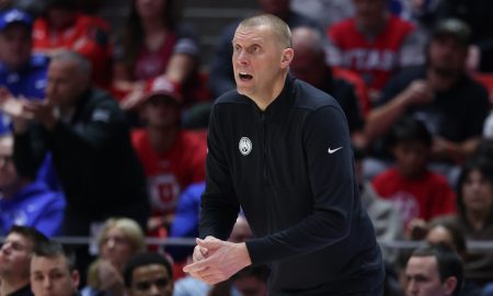 Dec 9, 2023; Salt Lake City, Utah, USA; Brigham Young Cougars head coach Mark Pope looks on in the game against the Utah Utes during the first half at Jon M. Huntsman Center. Mandatory Credit: Rob Gray-USA TODAY Sports