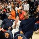 Former Auburn basketball player Charles Barkley acknowledges the crowd as Auburn Tigers take on USC Trojans at Neville Arena in Auburn, Ala., on Sunday, Dec. 17, 2023.