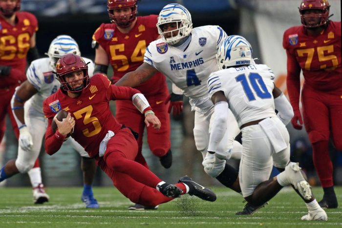 Dec 29, 2023; Memphis, TN, USA; Iowa State Cyclones quarterback Rocco Becht (3) slides during the first half against the Memphis Tigers at Simmons Bank Liberty Stadium. Mandatory Credit: Petre Thomas-USA TODAY Sports