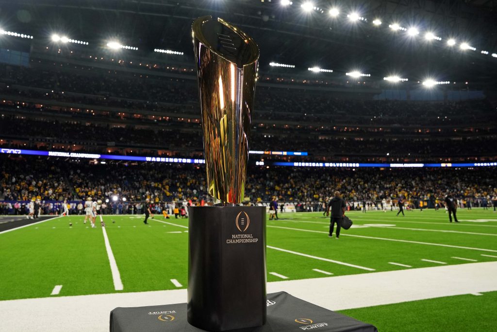 Jan 8, 2024; Houston, TX, USA; A view of the CFP Trophy before the 2024 College Football Playoff national championship game between the Michigan Wolverines and the Washington Huskies at NRG Stadium. Mandatory Credit: Kirby Lee-USA TODAY Sports