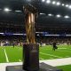 Jan 8, 2024; Houston, TX, USA; A view of the CFP Trophy before the 2024 College Football Playoff national championship game between the Michigan Wolverines and the Washington Huskies at NRG Stadium. Mandatory Credit: Kirby Lee-USA TODAY Sports