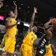 Jan 13, 2024; Waco, Texas, USA; Baylor Bears guard Langston Love (13) and guard Ja'Kobe Walter (4) defend Cincinnati Bearcats guard Jizzle James (2) during the first half at Paul and Alejandra Foster Pavilion. Mandatory Credit: Raymond Carlin III-USA TODAY Sports