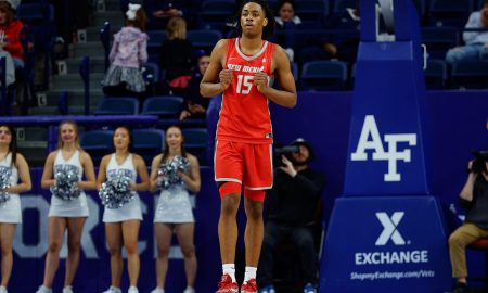 Jan 20, 2024; Colorado Springs, Colorado, USA; New Mexico Lobos forward JT Toppin (15) in the second half against the Air Force Falcons at Clune Arena. Mandatory Credit: Isaiah J. Downing-USA TODAY Sports