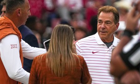 Alabama head coach Nick Saban talks to Texas Longhorns head coach Steve Sarkisian ahead of the game at Bryant-Denny Stadium on Saturday, Sep. 9, 2023 in Tuscaloosa, Alabama.