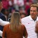 Alabama head coach Nick Saban talks to Texas Longhorns head coach Steve Sarkisian ahead of the game at Bryant-Denny Stadium on Saturday, Sep. 9, 2023 in Tuscaloosa, Alabama.