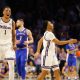 Kansas senior forward David N'Guessan (1) reacts alongside graduate senior guard Tylor Perry (2) after gaining a lead in the second half of the Sunflower Showdown inside Bramlage Coliseum Monday, February 5, 2024.