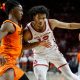 Oklahoma Sooners guard Milos Uzan (12) tries to get past Oklahoma State Cowboys guard Javon Small (12) during a Bedlam college basketball game between the University of Oklahoma Sooners (OU) and the Oklahoma State Cowboys (OSU) at Lloyd Noble Center in Norman, Okla., Saturday, Feb. 10, 2024. Oklahoma won 66-62.