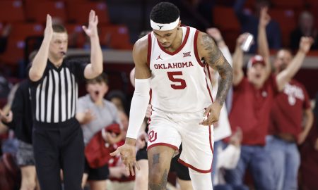 Mar 5, 2024; Norman, Oklahoma, USA; Oklahoma Sooners guard Rivaldo Soares (5) gestures after scoring a three point basket against the Cincinnati Bearcats during the first half at Lloyd Noble Center. Mandatory Credit: Alonzo Adams-USA TODAY Sports