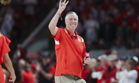 Mar 9, 2024; Houston, Texas, USA; Houston Cougars football head coach Willie Fritz addresses the crowd before the game against the Kansas Jayhawks at Fertitta Center. Mandatory Credit: Troy Taormina-USA TODAY Sports