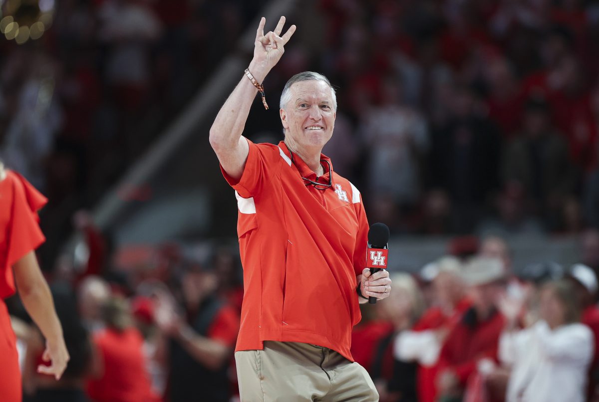 Mar 9, 2024; Houston, Texas, USA; Houston Cougars football head coach Willie Fritz addresses the crowd before the game against the Kansas Jayhawks at Fertitta Center. Mandatory Credit: Troy Taormina-USA TODAY Sports