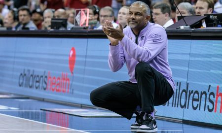 Mar 14, 2024; Kansas City, MO, USA; Kansas State Wildcats coach Jerome Tang on the side lines during the first half Iowa State Cyclones at T-Mobile Center. Mandatory Credit: William Purnell-USA TODAY Sports