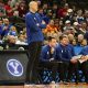 Mar 21, 2024; Omaha, NE, USA; Brigham Young Cougars head coach Mark Pope keeps an eye on the action against the Duquesne Dukes in the first round of the 2024 NCAA Tournament at CHI Health Center Omaha. Mandatory Credit: Dylan Widger-USA TODAY Sports