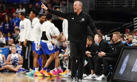 Mar 21, 2024; Omaha, NE, USA; Drake Bulldogs head coach Darian DeVries reacts in the first half against the Washington State Cougars in the first round of the 2024 NCAA Tournament at CHI Health Center Omaha. Mandatory Credit: Dylan Widger-USA TODAY Sports