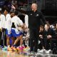 Mar 21, 2024; Omaha, NE, USA; Drake Bulldogs head coach Darian DeVries reacts in the first half against the Washington State Cougars in the first round of the 2024 NCAA Tournament at CHI Health Center Omaha. Mandatory Credit: Dylan Widger-USA TODAY Sports