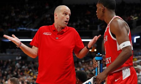 Western Kentucky Hilltoppers head coach Steve Lutz talks to Western Kentucky Hilltoppers guard Brandon Newman (10) during NCAA Men’s Basketball Tournament game against the Marquette Golden Eagles, Friday, March 22, 2024, at Gainbridge Fieldhouse in Indianapolis. Marquette Golden Eagles 87-69.