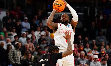 Mar 24, 2024; Memphis, TN, USA; Houston Cougars guard Jamal Shead (1) shoots against Texas A&M Aggies guard Wade Taylor IV (4) in overtime in the second round of the 2024 NCAA Tournament at FedExForum. Mandatory Credit: John David Mercer-USA TODAY Sports