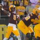 Arizona State quarterback Jaden Rashada (5) throws a pass against Arizona during the third quarter at Mountain America Stadium in Tempe on Nov. 25, 2023.