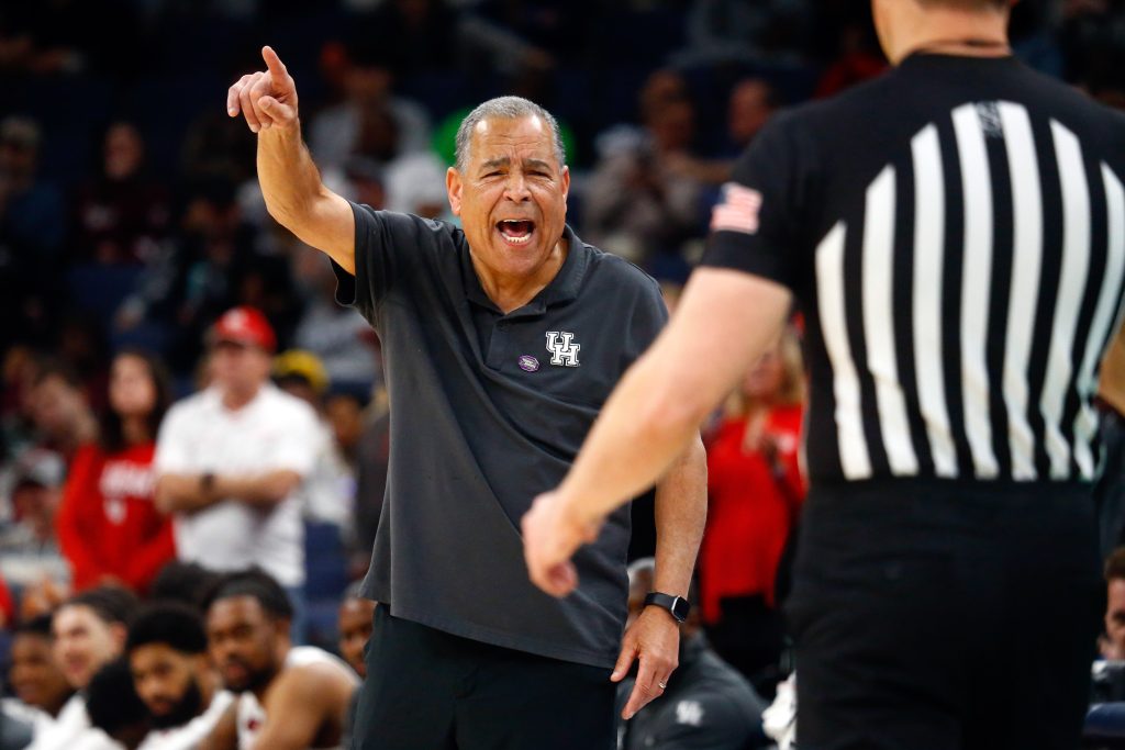 Mar 24, 2024; Memphis, TN, USA; Houston Cougars head coach Kelvin Sampson reacts toward an official during the second half against the Texas A&M Aggies in the second round of the 2024 NCAA Tournament at FedExForum. Mandatory Credit: Petre Thomas-USA TODAY Sports