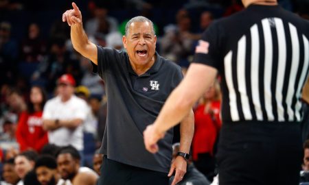 Mar 24, 2024; Memphis, TN, USA; Houston Cougars head coach Kelvin Sampson reacts toward an official during the second half against the Texas A&M Aggies in the second round of the 2024 NCAA Tournament at FedExForum. Mandatory Credit: Petre Thomas-USA TODAY Sports