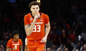 Mar 28, 2024; Boston, MA, USA; Illinois Fighting Illini forward Coleman Hawkins (33) reacts against the Iowa State Cyclones in the semifinals of the East Regional of the 2024 NCAA Tournament at TD Garden. Mandatory Credit: Winslow Townson-USA TODAY Sports