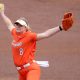 Oklahoma State's Lexi Kilfoyl (8) pitches during a college softball game between the Oklahoma State University Cowgirls and the Texas Longhorns in Stillwater, Okla., Saturday, March 30, 2024. Oklahoma State won 3-0.