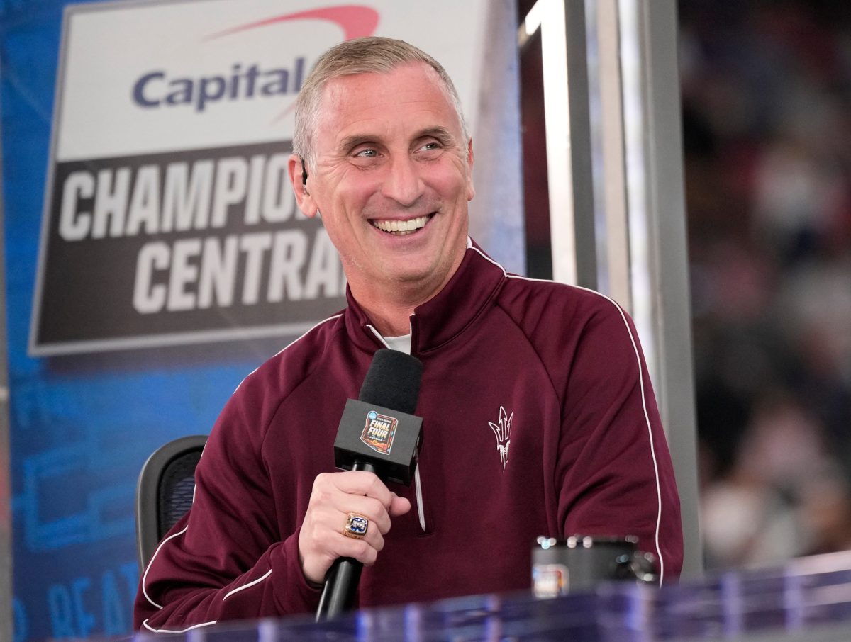 Arizona State University head basketball coach Bobby Hurley is interviewed on TNT's pregame broadcast Men's before the NCAA national championship game at State Farm Stadium.