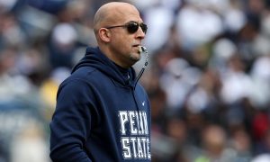 Apr 13, 2024; University Park, PA, USA; Penn State Nittany Lions head coach James Franklin during the second quarter of the Blue White spring game at Beaver Stadium. The White team defeated the Blue team 27-0. Mandatory Credit: Matthew O'Haren-USA TODAY Sports