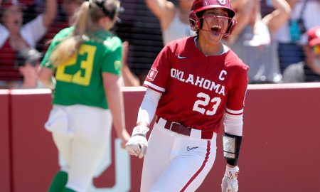 Oklahoma's Tiare Jennings (23) celebrates in the first inning of the Norman Regional NCAA tournament game between the Oklahoma Sooners and the Oregon Ducks at Love's Field in Norman, Okla. Saturday, May, 18, 2024.