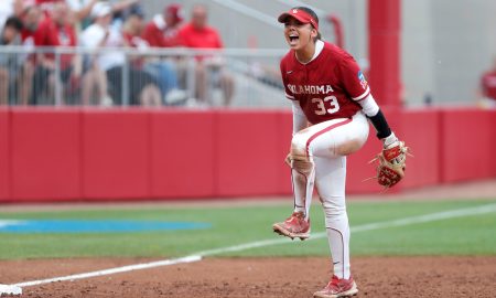 Oklahoma's Alyssa Brito (33) celebrates after an out during a softball game between the Oklahoma Sooners (OU) and the Florida State Seminoles during the first game of the Norman Super Regional in the NCAA Tournament, Thursday, May 23, 2024. Oklahoma won on a run rule 11-3.