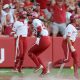 Oklahoma second baseman Tiare Jennings (23) celebrates after scoring a run in the third inning of a softball game between the Oklahoma Sooners (OU) and the Florida State Seminoles in Game 2 of the Norman Super Regional in the NCAA Tournament at Love's Field, Friday, May 24, 2024. Oklahoma won 4-2 to advance to the Women's College World Series.