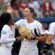 Texas pitcher Teagan Kavan (17) celebrates after an inning during a Women's College World Series semifinal softball game between the Stanford Cardinal and the Texas Longhorns at Devon Park in Oklahoma City, Monday, June 3, 2024. Texas won 1-0.