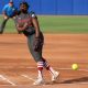 Stanford's NiJaree Canady (24) pitches during a Women's College World Series semifinal softball game between the Stanford Cardinal and the Texas Longhorns at Devon Park in Oklahoma City, Monday, June 3, 2024. Texas won 1-0.