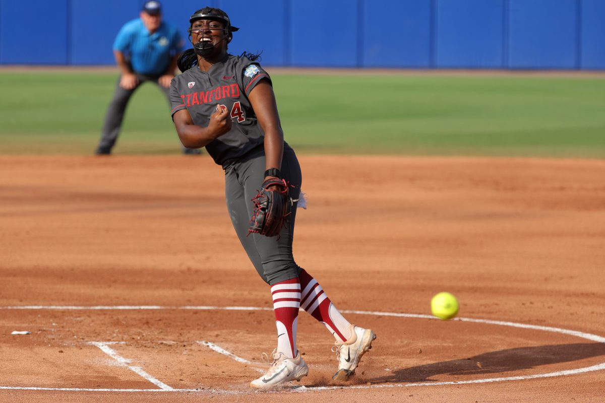 Stanford's NiJaree Canady (24) pitches during a Women's College World Series semifinal softball game between the Stanford Cardinal and the Texas Longhorns at Devon Park in Oklahoma City, Monday, June 3, 2024. Texas won 1-0.