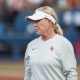 Jun 6, 2024; Oklahoma City, OK, USA; Oklahoma Sooners head coach Patty Gasso looks on in the second inning against the Texas Longhorns during game two of the Women's College World Series softball championship finals at Devon Park. Mandatory Credit: Brett Rojo-USA TODAY Sports