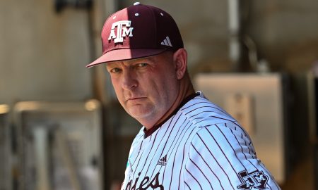 Jun 8, 2024; College Station, TX, USA; Texas A&M head coach Jim Schlossnagle looks on from the dugout prior to the game against the Oregon at Olsen Field, Blue Bell Park Mandatory Credit: Maria Lysaker-USA TODAY Sports