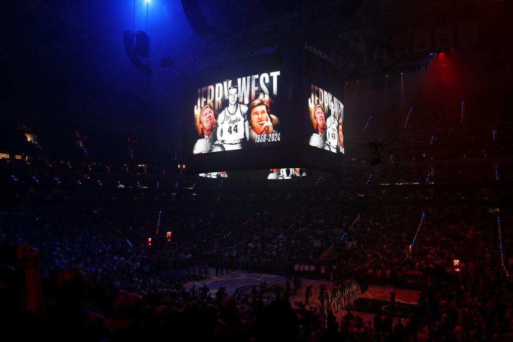 Jun 12, 2024; Dallas, Texas, USA; A general view of a video presentation in memory of former NBA player Jerry West before game three of the 2024 NBA Finals between the Boston Celtics and the Dallas Mavericks at American Airlines Center. Mandatory Credit: Kevin Jairaj-USA TODAY Sports