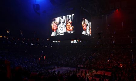 Jun 12, 2024; Dallas, Texas, USA; A general view of a video presentation in memory of former NBA player Jerry West before game three of the 2024 NBA Finals between the Boston Celtics and the Dallas Mavericks at American Airlines Center. Mandatory Credit: Kevin Jairaj-USA TODAY Sports