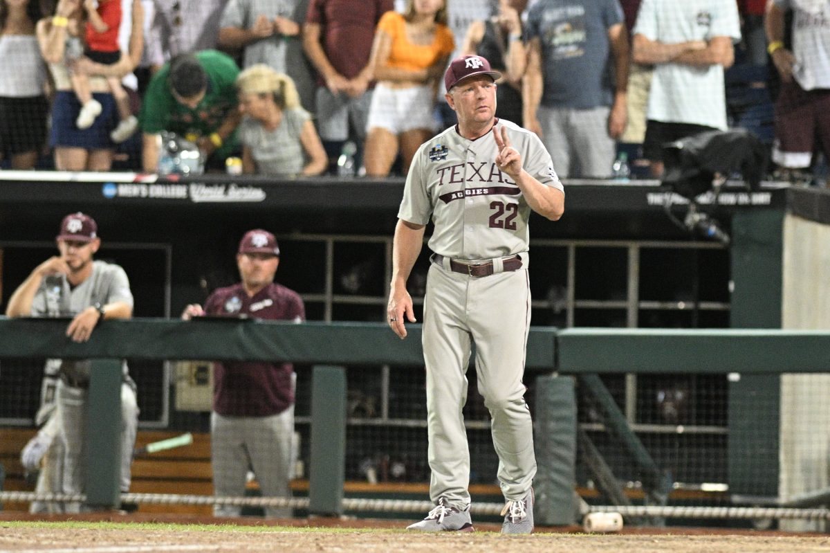 Jun 24, 2024; Omaha, NE, USA; Texas A&M Aggies head coach Jim Schlossnagle signals the umpire against the Tennessee Volunteers during the ninth inning at Charles Schwab Field Omaha. Mandatory Credit: Steven Branscombe-USA TODAY Sports