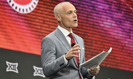 Jul 9, 2024; Las Vegas, NV, USA; Big 12 Conference commissioner Brett Yormark speaks to the media during the Big 12 Media Days at Allegiant Stadium. Mandatory Credit: Candice Ward-USA TODAY Sports