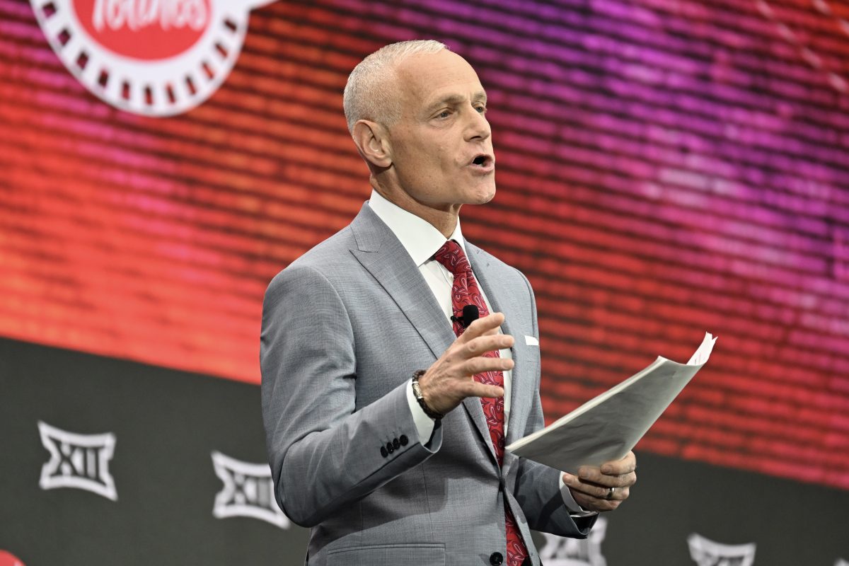 Jul 9, 2024; Las Vegas, NV, USA; Big 12 Conference commissioner Brett Yormark speaks to the media during the Big 12 Media Days at Allegiant Stadium. Mandatory Credit: Candice Ward-USA TODAY Sports