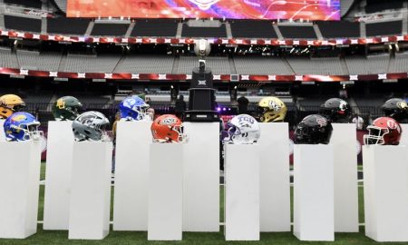 Jul 9, 2024; Las Vegas, NV, USA; Team helmets are on display during Big 12 Media Days at Allegiant Stadium. Mandatory Credit: Candice Ward-USA TODAY Sports