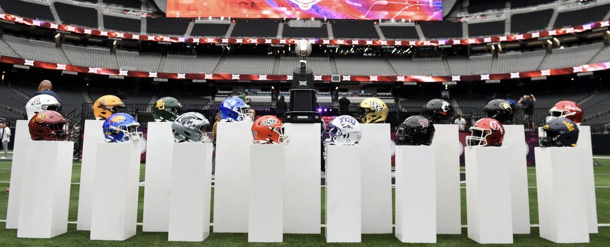 Jul 9, 2024; Las Vegas, NV, USA; Team helmets are on display during Big 12 Media Days at Allegiant Stadium. Mandatory Credit: Candice Ward-USA TODAY Sports