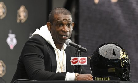 Jul 10, 2024; Las Vegas, NV, USA; Colorado Buffaloes head coach Deion Sanders speaks to the media during the Big 12 Media Days at Allegiant Stadium. Mandatory Credit: Candice Ward-USA TODAY Sports