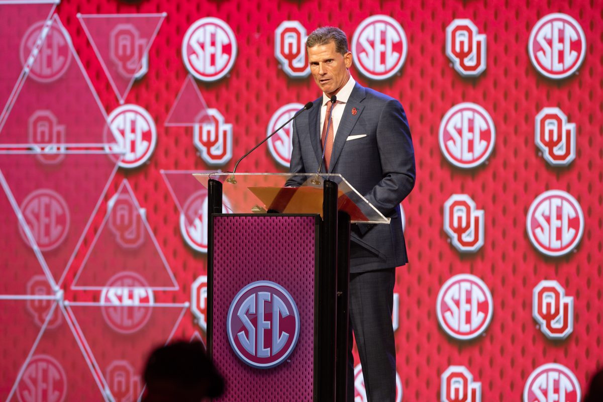 Jul 16, 2024; Dallas, TX, USA; Oklahoma head coach Brent Venables speaking at Omni Dallas Hotel. Mandatory Credit: Brett Patzke-USA TODAY Sports